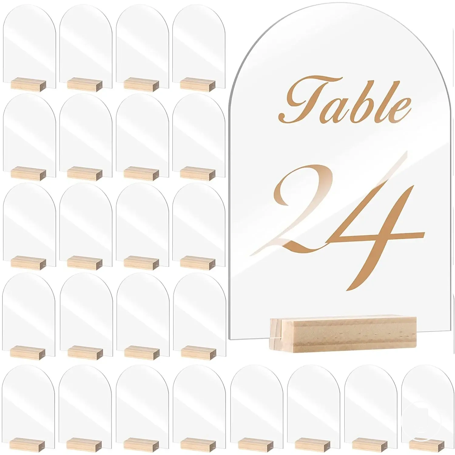 Clear acrylic arch sign sheets with wood place card holder stands