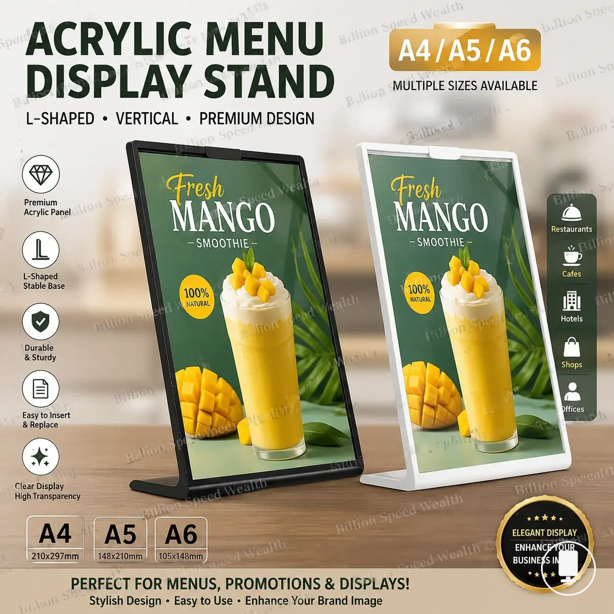 Acrylic panel menu display rack for A4, A5, or A6 table cards