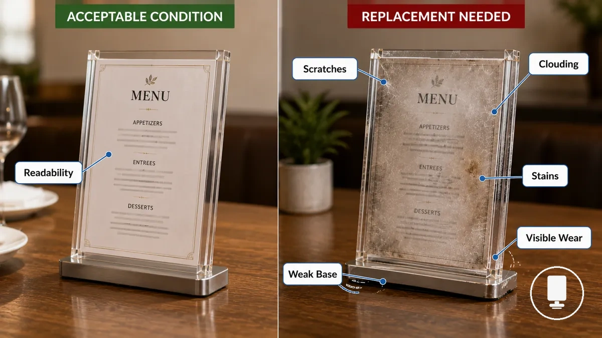 Menu holder showing visible wear and replacement-level damage in a restaurant display