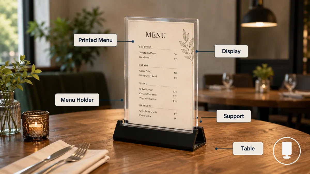 Menu holder displaying a printed menu card on a restaurant table