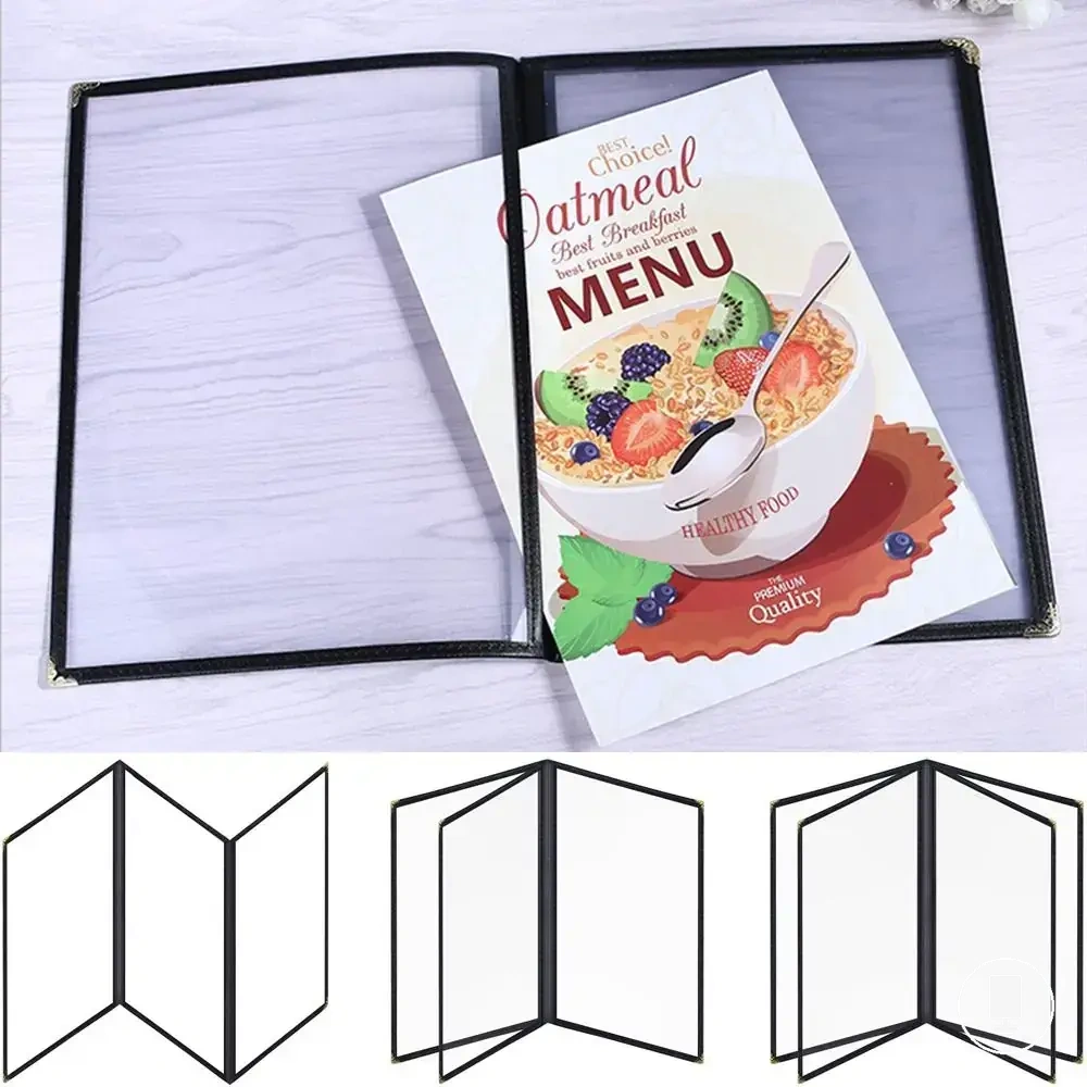 Funda transparente plegable de PVC A4 para menú con doble panel y formato de anillas para hojas sueltas