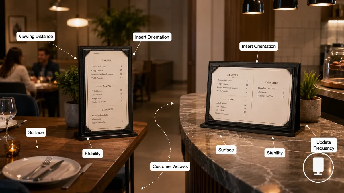 Conditions de placement des porte-menus montrant la surface, la distance de visualisation, l accès et la stabilité