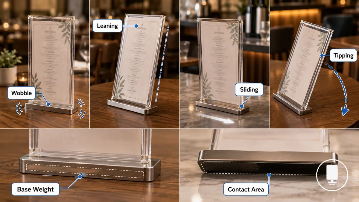 Instabilité des porte-menus causée par la base et les conditions de placement