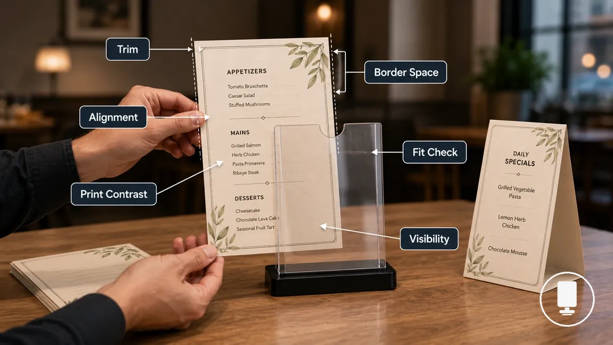 Inserts de menu en cours de préparation pour une présentation claire et lisible dans un porte-menus