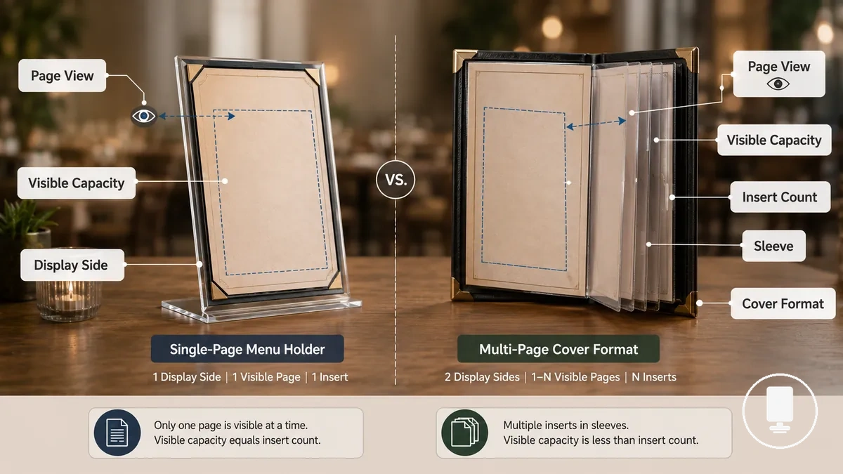 Porte-menus annoté montrant les vues de page, les inserts et la capacité de menu visible