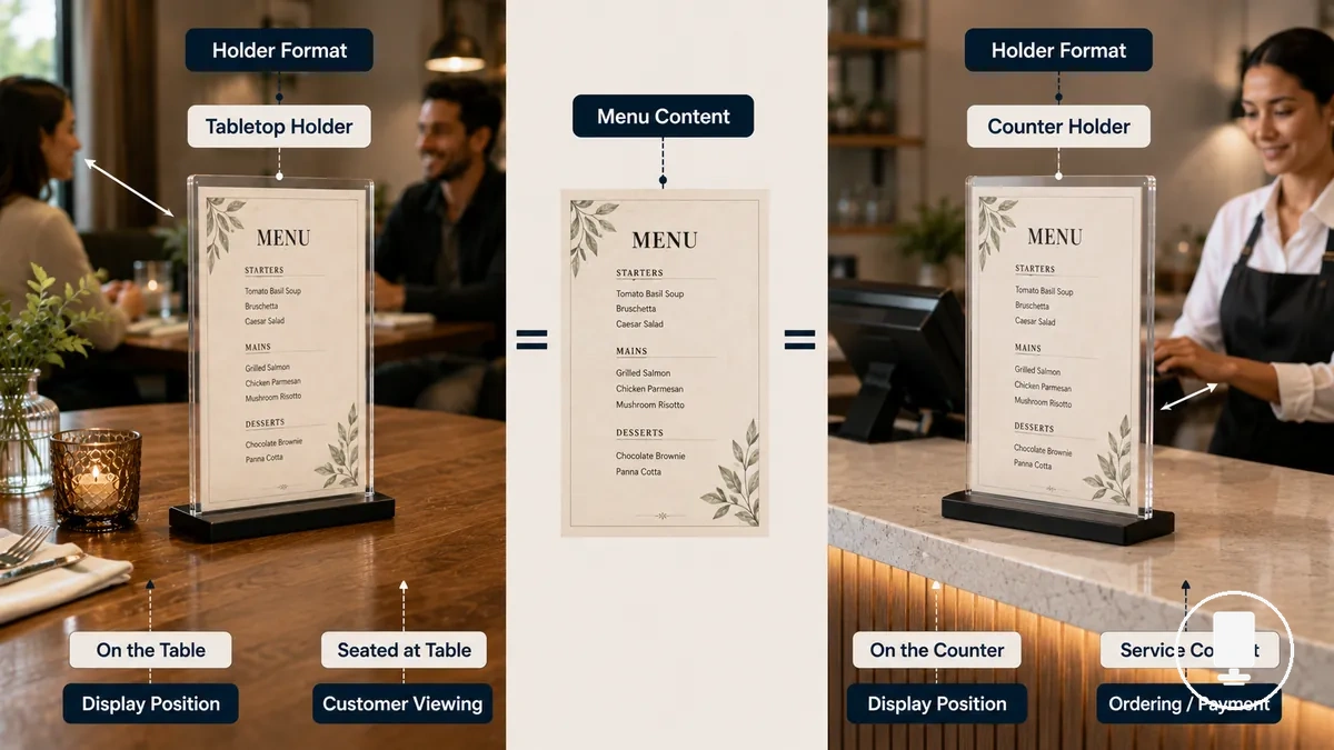 Tutucu formatı ve menü içerik formatını gösteren menü tutucu türleri ile restoran menü türlerinin karşılaştırması